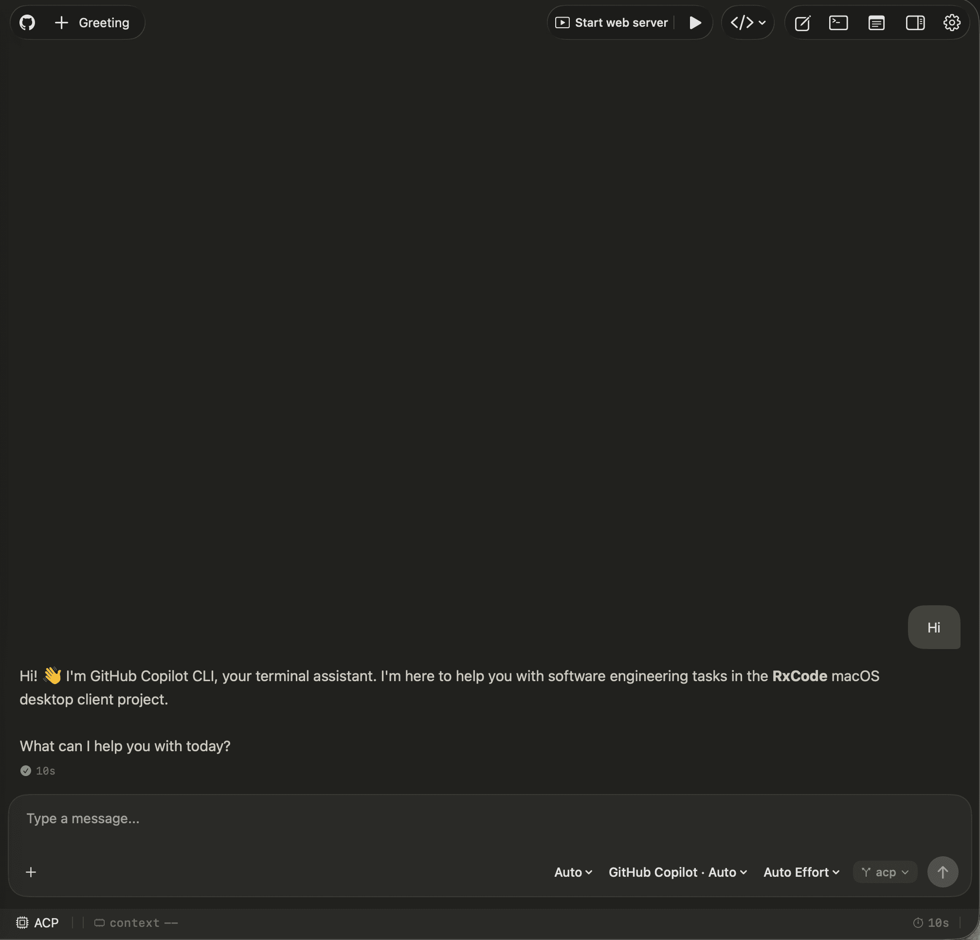 RxCode running an ACP client session with model and usage controls visible