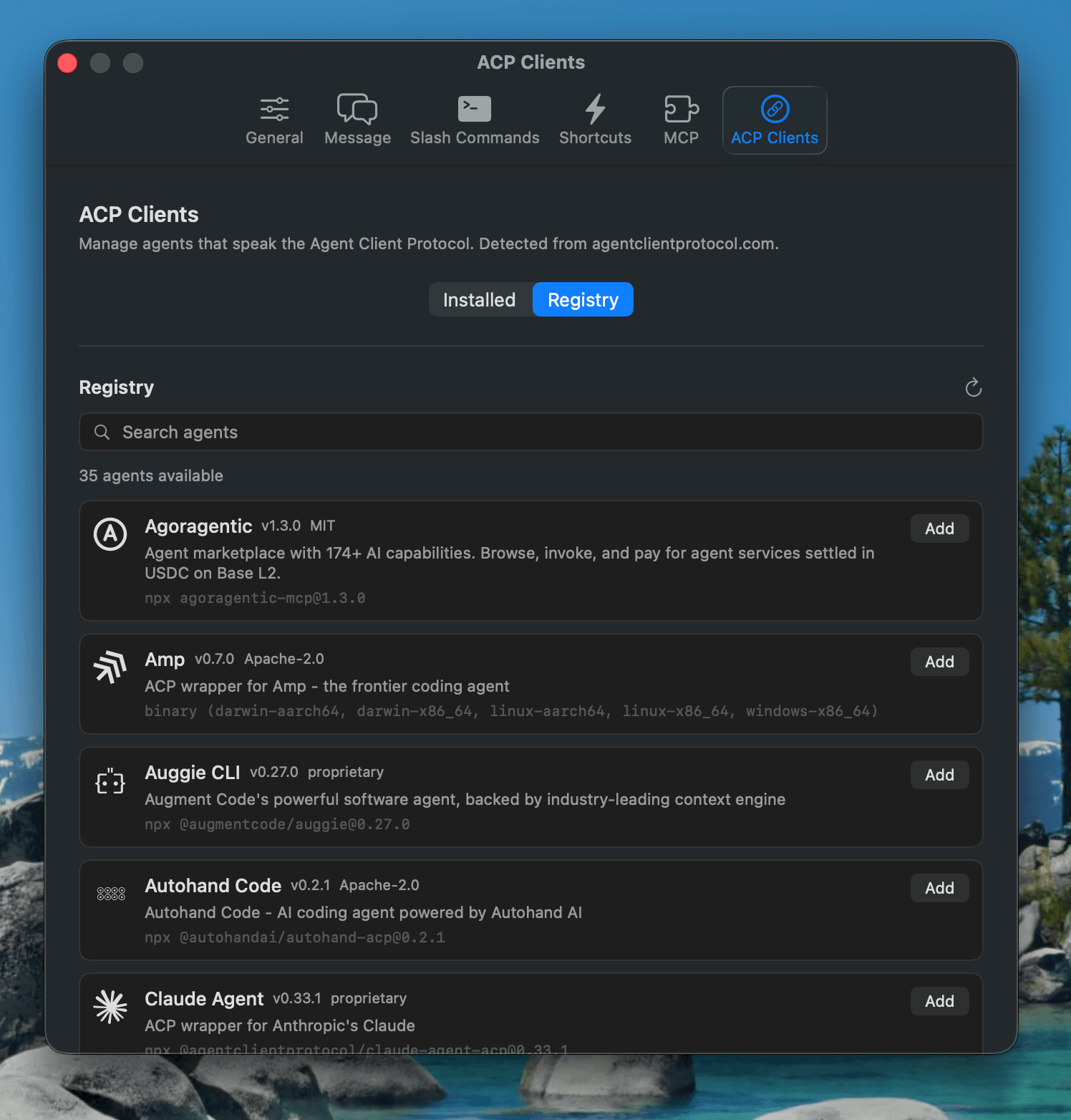 RxCode Settings window showing ACP client registry installation
