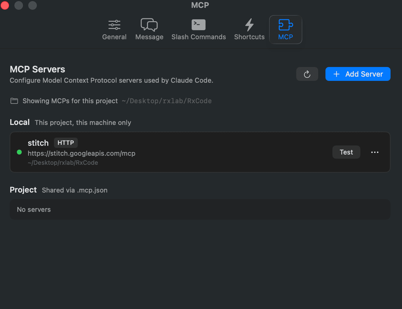 RxCode Settings window showing MCP server configuration