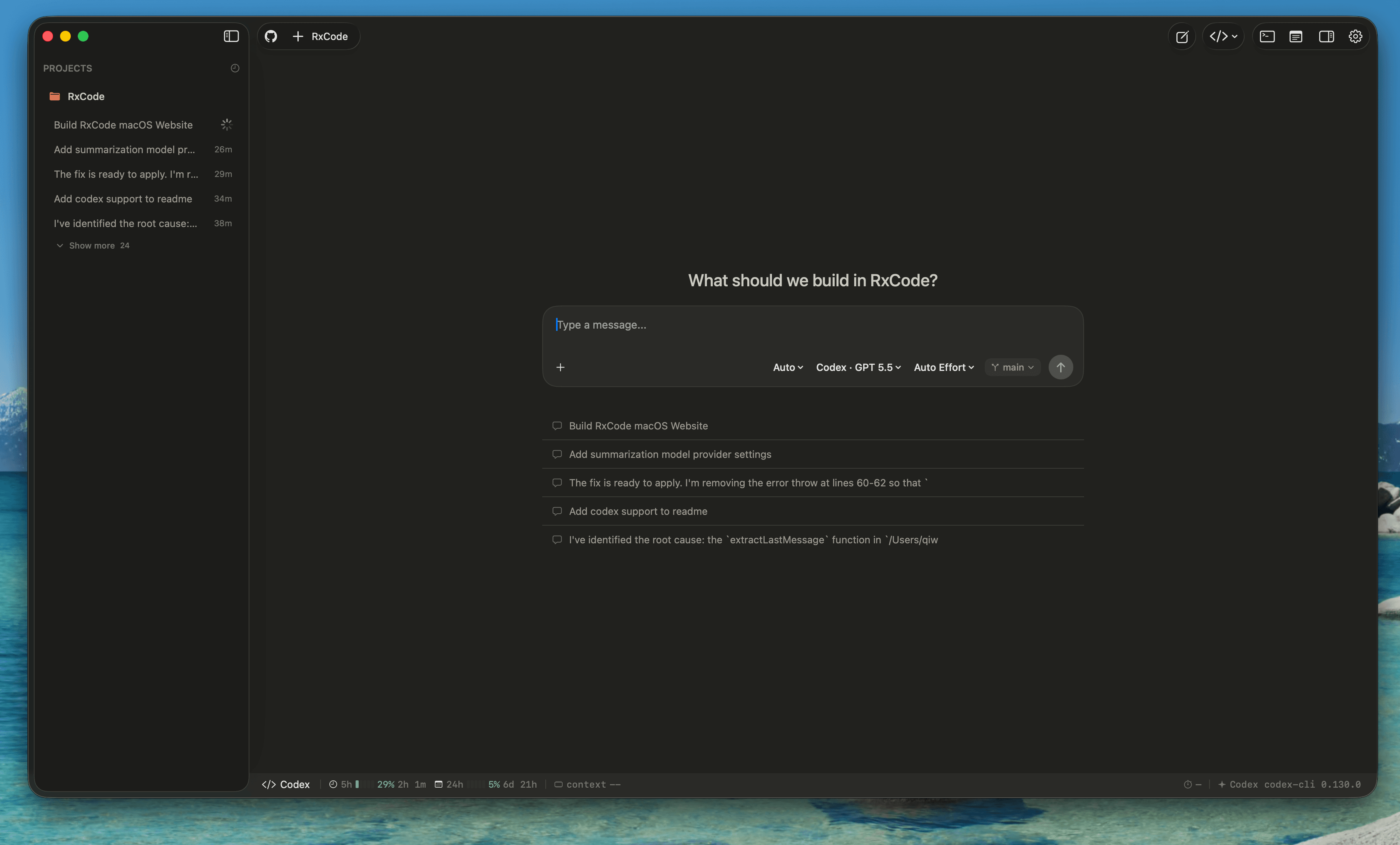 RxCode native macOS workspace with sidebar, prompt composer, and status bar